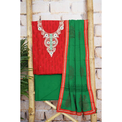 Red Gota Patti Cotton Unstitched Suit - SSEthnics