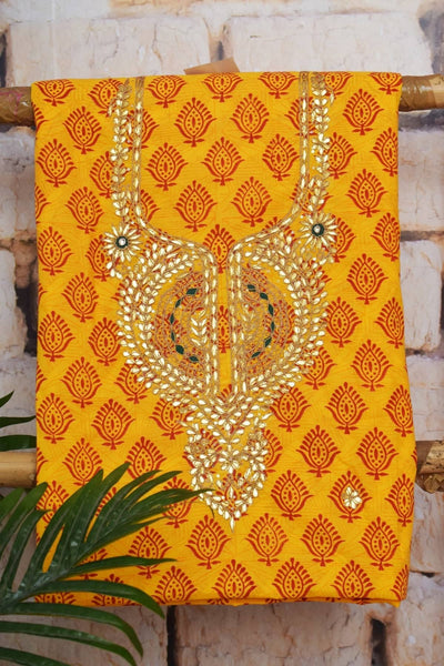 Yellow Gota Patti Cotton Unstitched Suit - SSEthnics