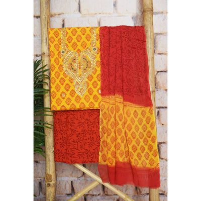 Yellow Gota Patti Cotton Unstitched Suit - SSEthnics