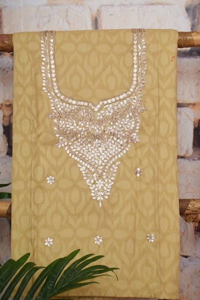 Beige Gota Patti Cotton Unstitched Suit - SSEthnics