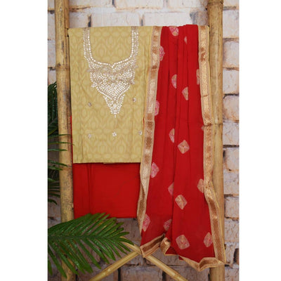 Beige Gota Patti Cotton Unstitched Suit - SSEthnics