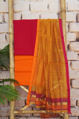 Pink Pure Maheshwari Silk Unstitched Suit - SSEthnics