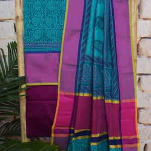 Blue Pure Maheshwari Silk Unstitched Suit - SSEthnics
