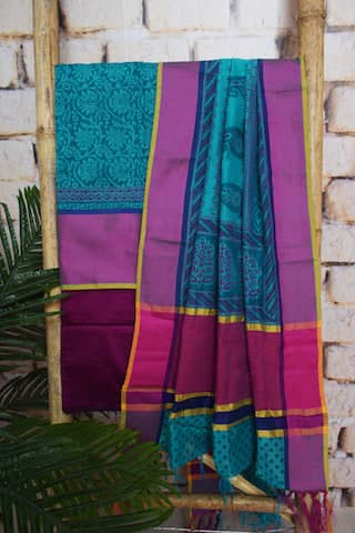 Blue Pure Maheshwari Silk Unstitched Suit - SSEthnics