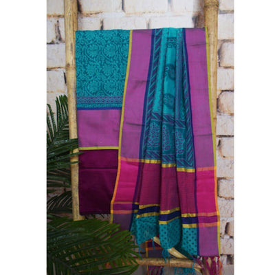 Blue Pure Maheshwari Silk Unstitched Suit - SSEthnics