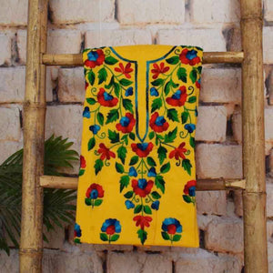 Yellow Cotton Phulkari Unstitched Suit - SSEthnics