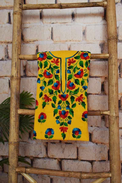 Yellow Cotton Phulkari Unstitched Suit - SSEthnics