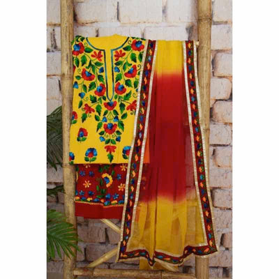 Yellow Cotton Phulkari Unstitched Suit - SSEthnics