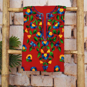 Red Cotton Phulkari Unstitched Suit - SSEthnics