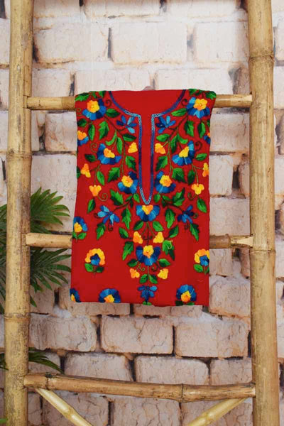 Red Cotton Phulkari Unstitched Suit - SSEthnics