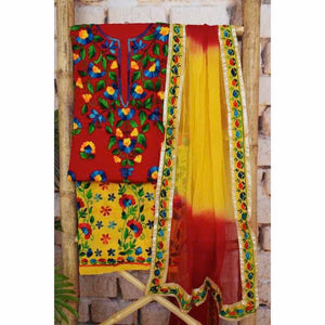 Red Cotton Phulkari Unstitched Suit - SSEthnics