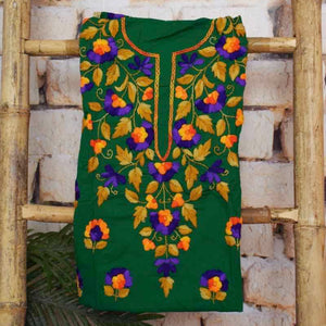 Green Cotton Phulkari Unstitched Suit - SSEthnics