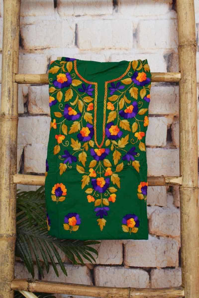 Green Cotton Phulkari Unstitched Suit - SSEthnics