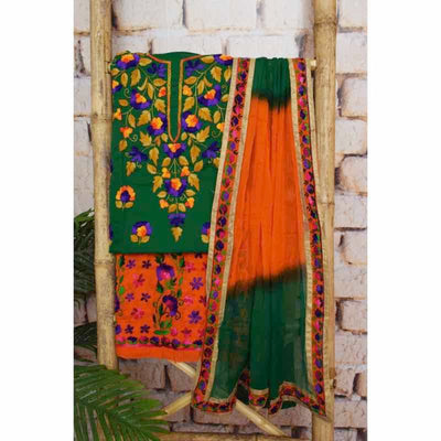 Green Cotton Phulkari Unstitched Suit - SSEthnics