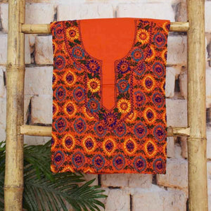Orange Cotton Phulkari Unstitched Suit - SSEthnics