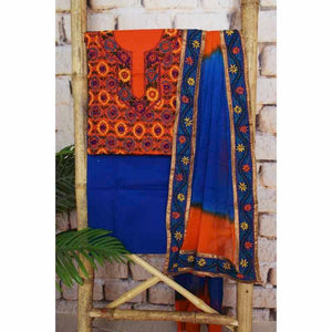 Orange Cotton Phulkari Unstitched Suit - SSEthnics