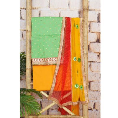 Green Bandhani Cotton Unstitched Suit - SSEthnics