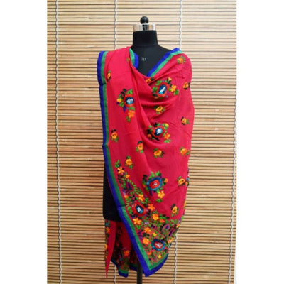 Pink Georgette Phulkari Hand Embroidered Dupatta - SSEthnics