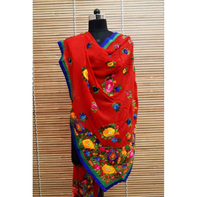 Red Georgette Phulkari Hand Embroidered Dupatta - SSEthnics