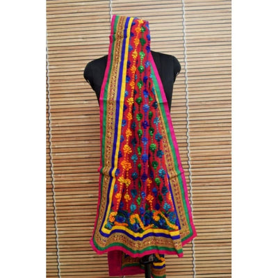 Pink Georgette Phulkari Hand Embroidered Dupatta - SSEthnics