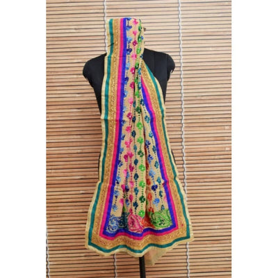 Cream Georgette Phulkari Hand Embroidered Dupatta - SSEthnics