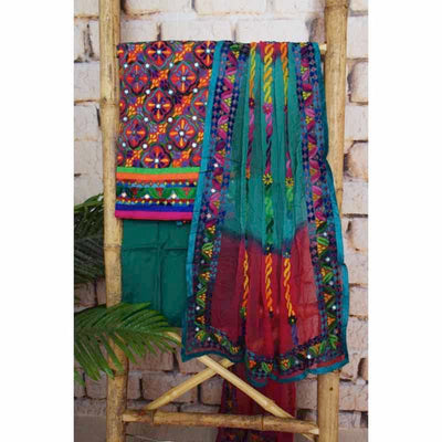 Multicolour Cotton Phulkari Unstitched Suit - SSEthnics
