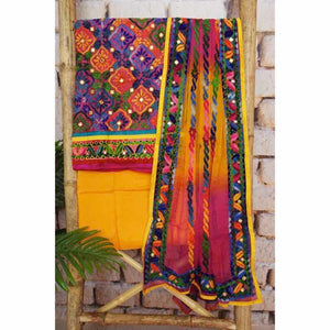Multicolour Cotton Phulkari Unstitched Suit - SSEthnics