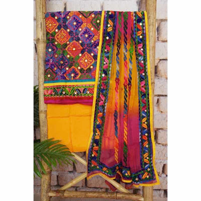 Multicolour Cotton Phulkari Unstitched Suit - SSEthnics