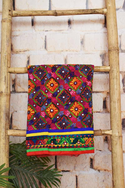 Multicolour Cotton Phulkari Unstitched Suit - SSEthnics