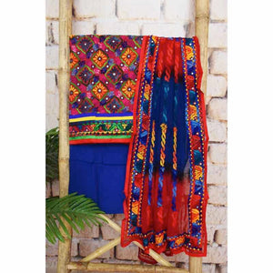 Multicolour Cotton Phulkari Unstitched Suit - SSEthnics