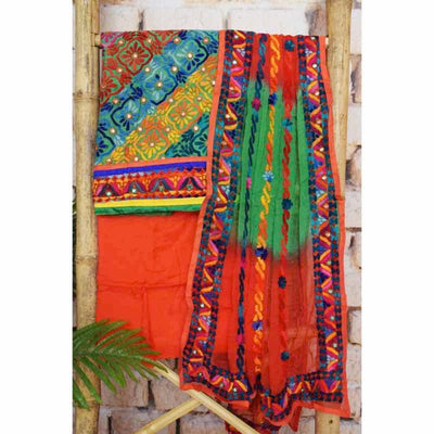Multicolour Cotton Phulkari Unstitched Suit - SSEthnics