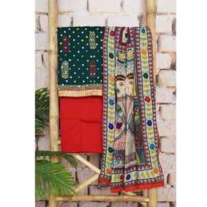 Green Bandhani Cotton Unstitched Suit with Madhubani dupatta - SSEthnics