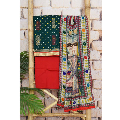 Green Bandhani Cotton Unstitched Suit with Madhubani dupatta - SSEthnics