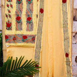 Yellow Kantha Hand Embroidered Chanderi Silk Suit - SSEthnics