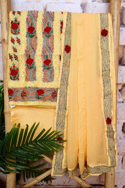 Yellow Kantha Hand Embroidered Chanderi Silk Suit - SSEthnics