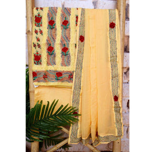 Yellow Kantha Hand Embroidered Chanderi Silk Suit - SSEthnics