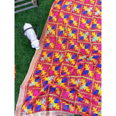Coral Georgette Phulkari Hand Embroidered Dupatta
