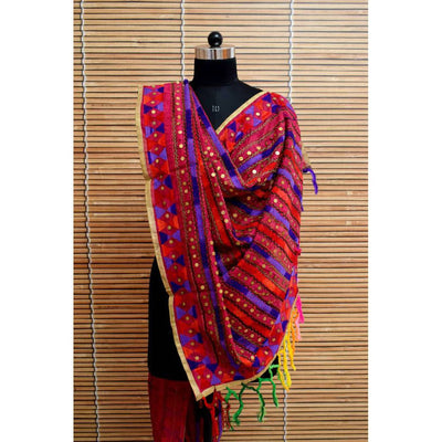 Red Purple Chanderi Silk Phulkari Dupatta - SSEthnics