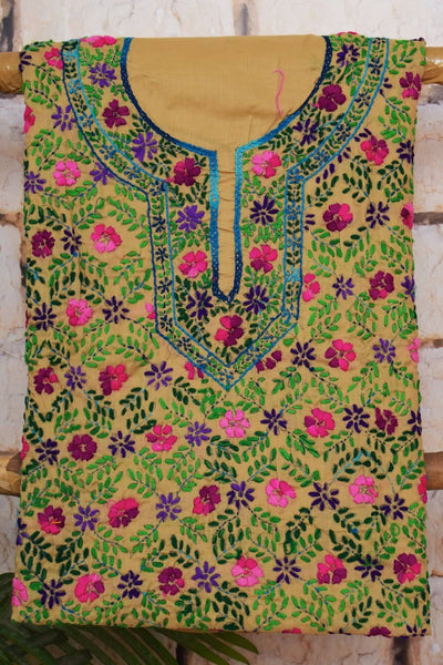 Cream Phulkari Hand Embroidered Kurti Fabric - SSEthnics