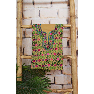 Cream Phulkari Hand Embroidered Kurti Fabric - SSEthnics
