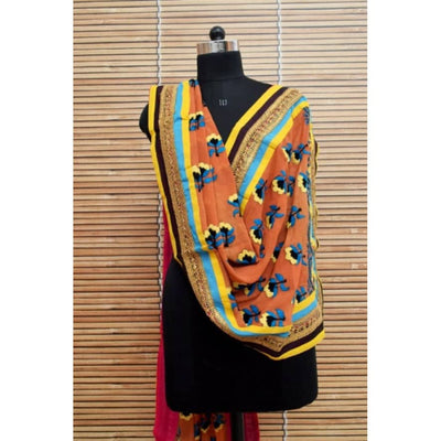 Brown Georgette Phulkari Hand Embroidered Stole - SSEthnics