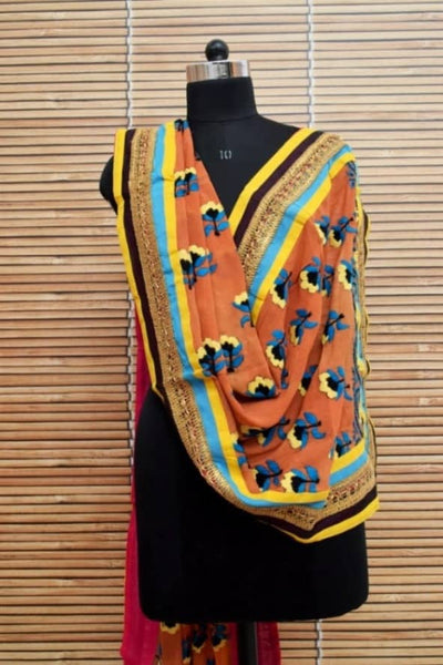 Brown Georgette Phulkari Hand Embroidered Stole - SSEthnics