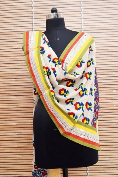 White Georgette Phulkari Hand Embroidered Stole - SSEthnics