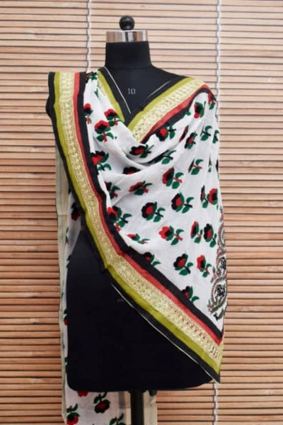 White Georgette Phulkari Hand Embroidered Stole - SSEthnics