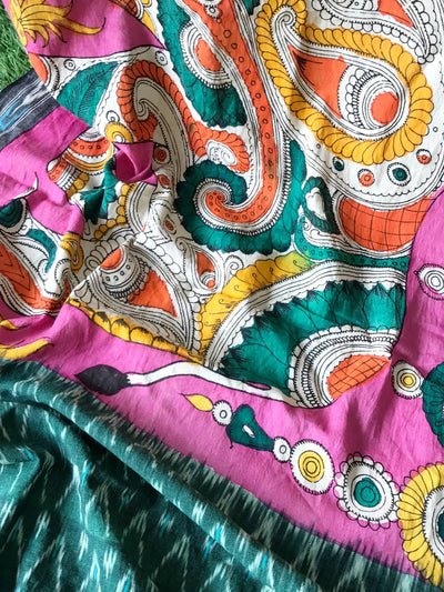 Green Handloom Ikat Dupatta with Pen Kalamkari