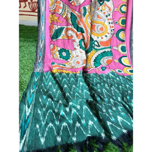 Green Handloom Ikat Dupatta with Pen Kalamkari
