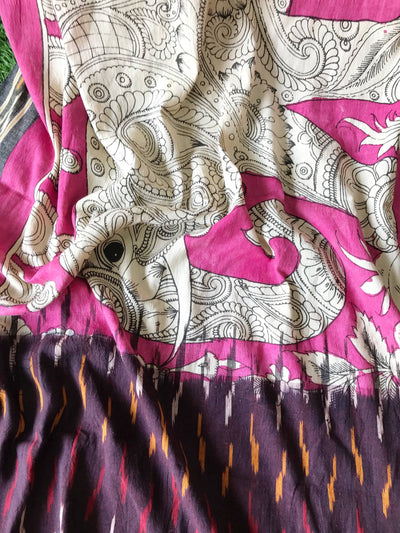 Maroon Handloom Ikat Dupatta with Pen Kalamkari