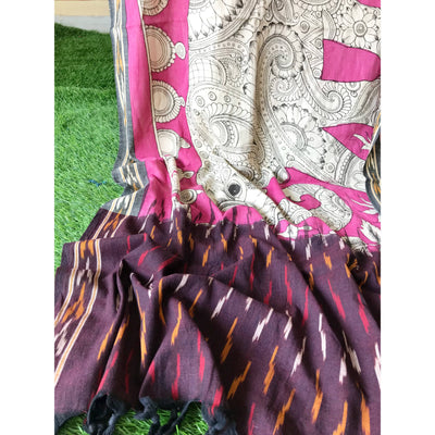 Maroon Handloom Ikat Dupatta with Pen Kalamkari