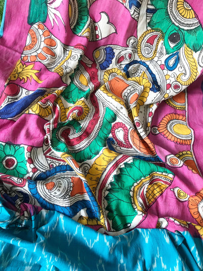 Blue Handloom Ikat Dupatta with Pen Kalamkari