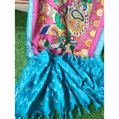 Blue Handloom Ikat Dupatta with Pen Kalamkari